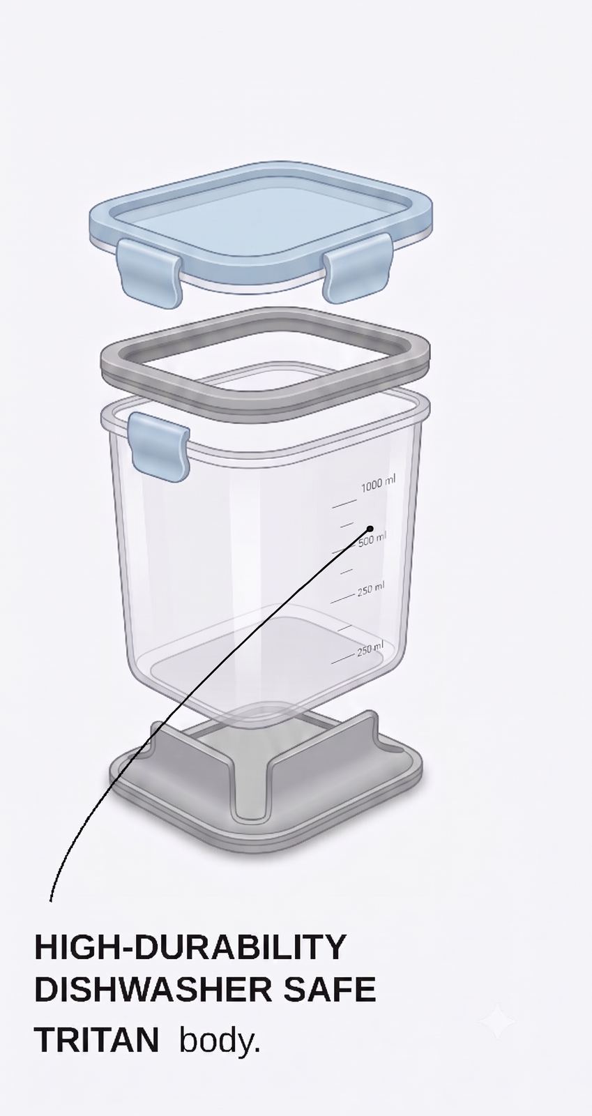 Exploded view of the container showing the dishwasher-safe Tritan body and lid