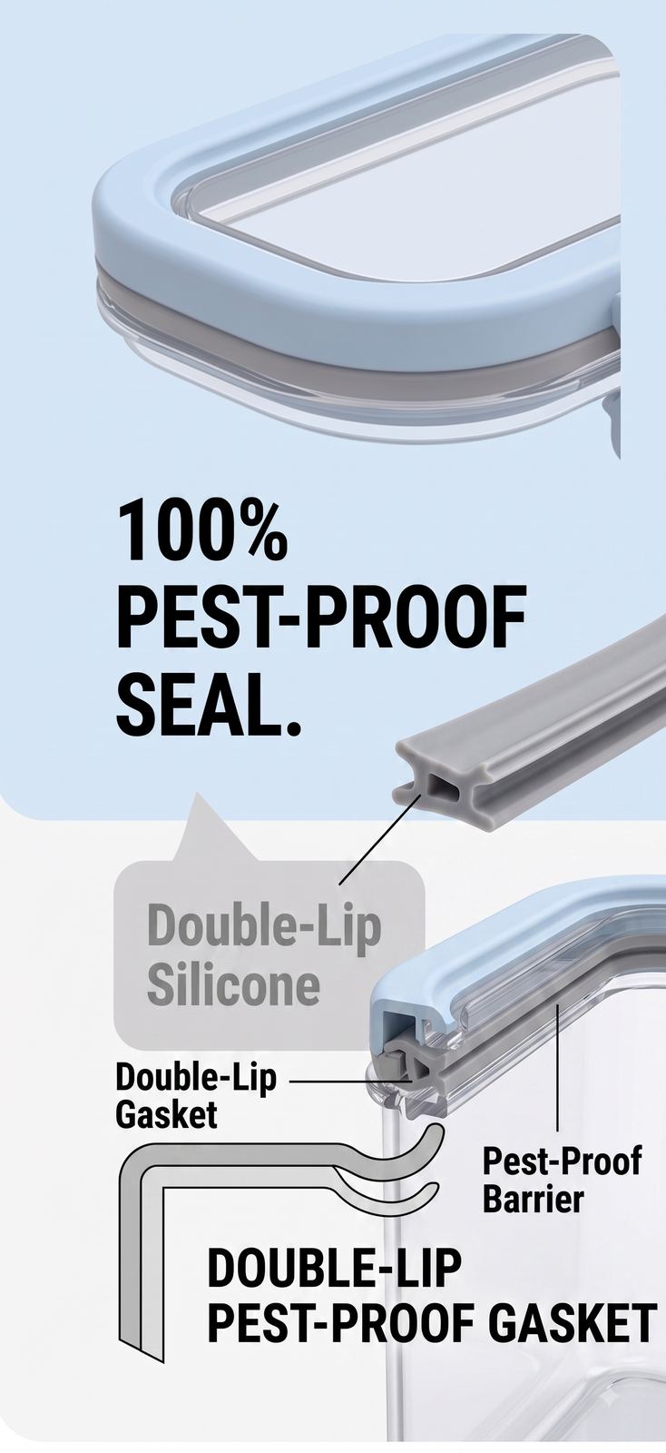 Close-up of the double-lip silicone gasket that forms a pest-proof seal