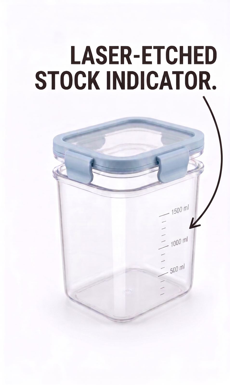 Empty TrueFit container showing laser-etched 500ml, 1000ml, and 1500ml stock indicator lines